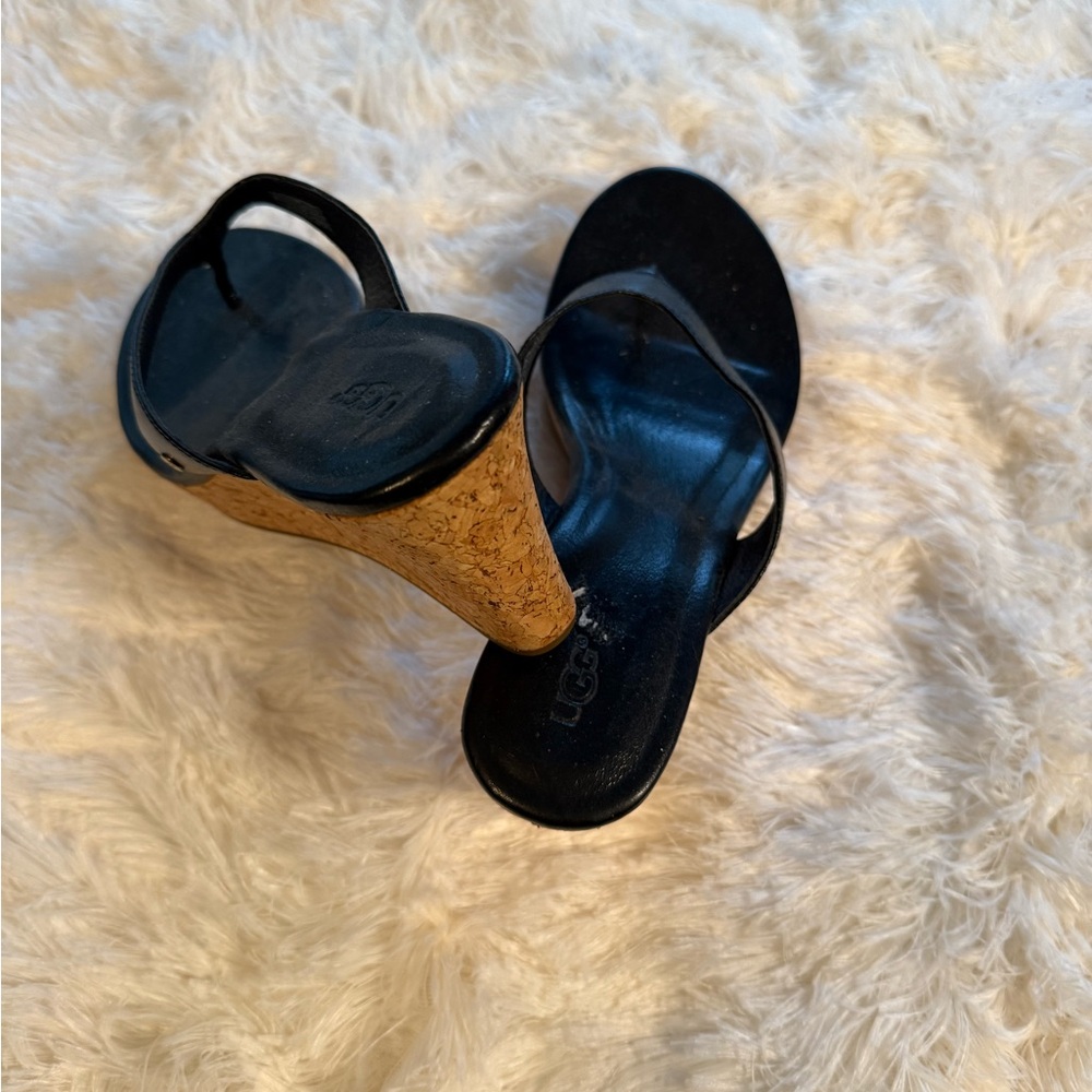 UGG Black Leather Cork Wedge Sandals